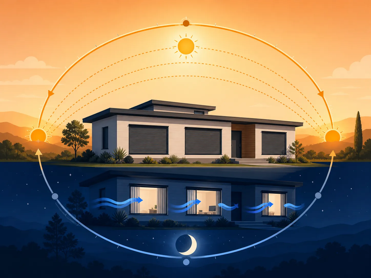 Twenty-four-hour cycle showing daytime shades closed and nighttime windows open for cooling airflow
