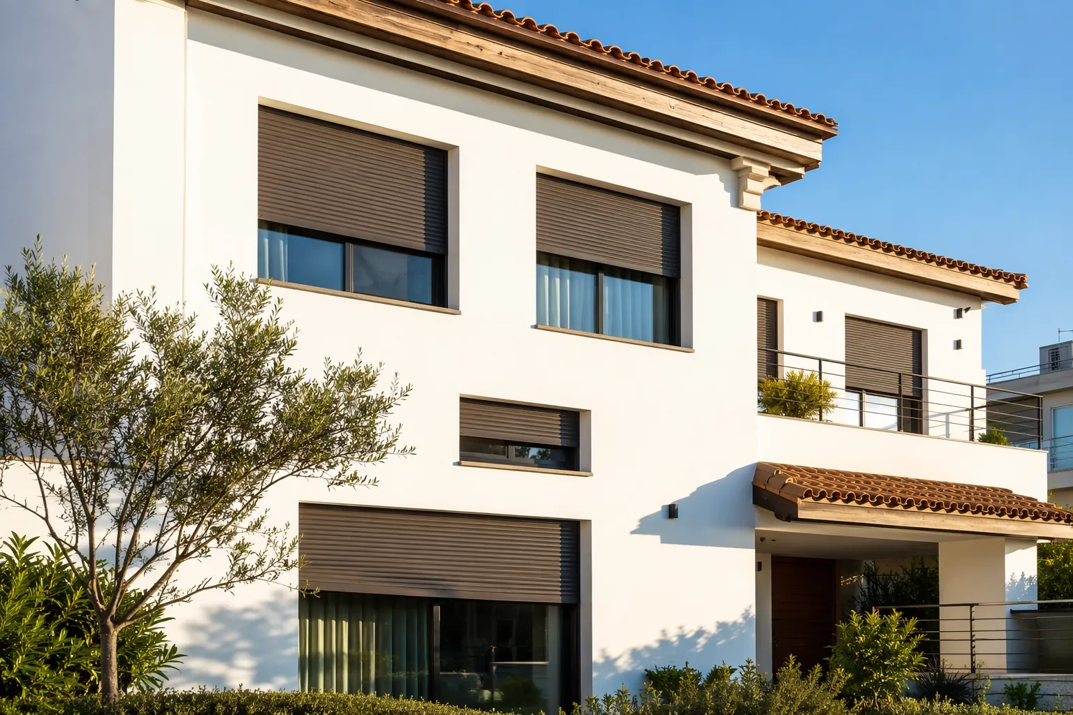 Spanish residential building with motorized persianas lowered in different positions during strong sunlight