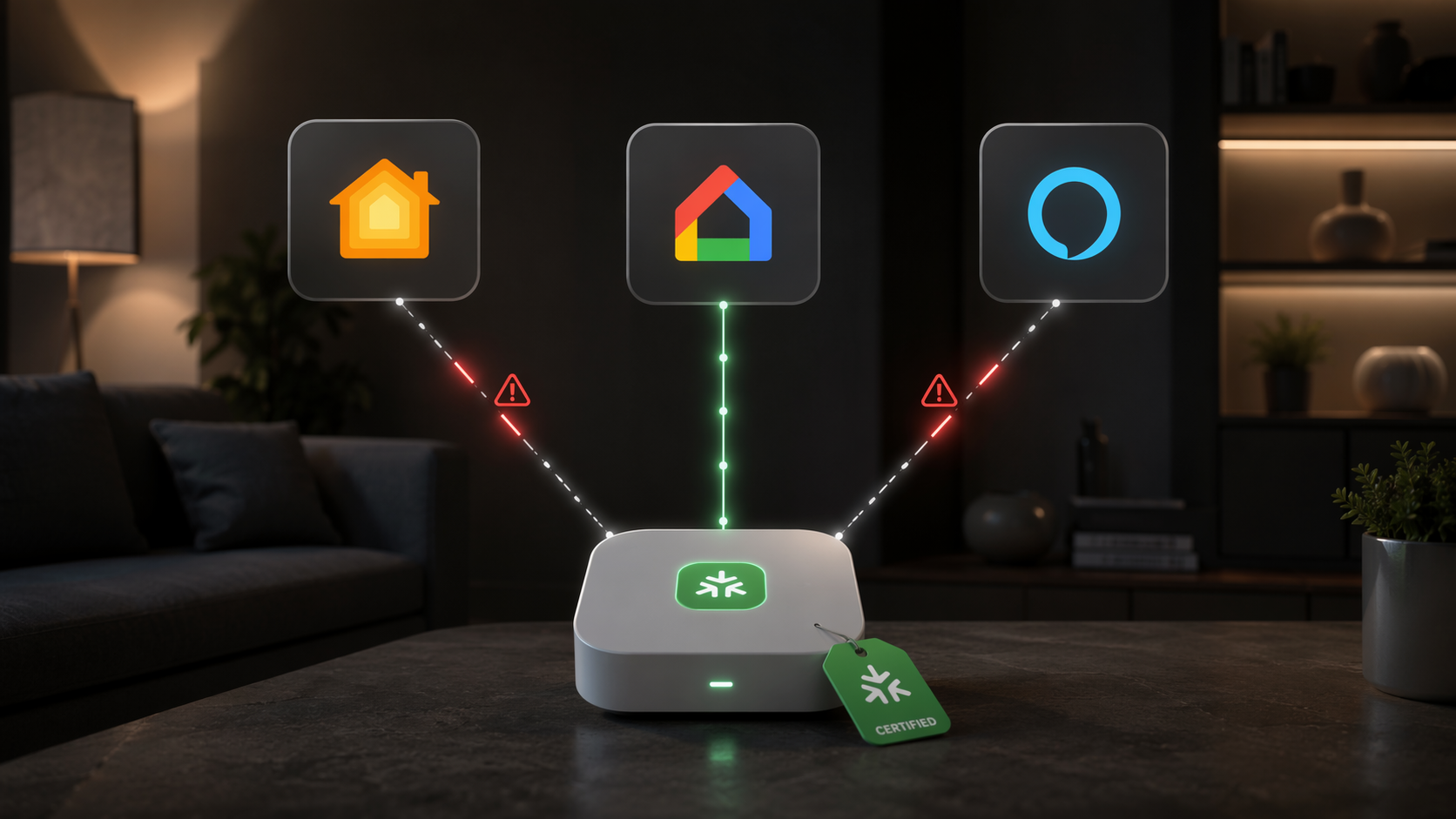 Matter-certified smart home device connected to multiple platform panels with warning indicators