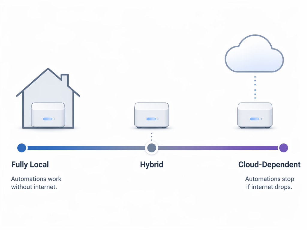 Spectrum showing fully local, hybrid, and cloud-dependent smart home control