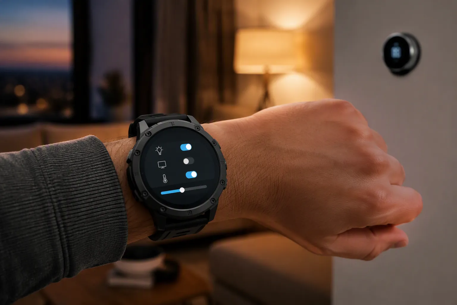 Rugged smartwatch showing home-control toggles in a modern living room