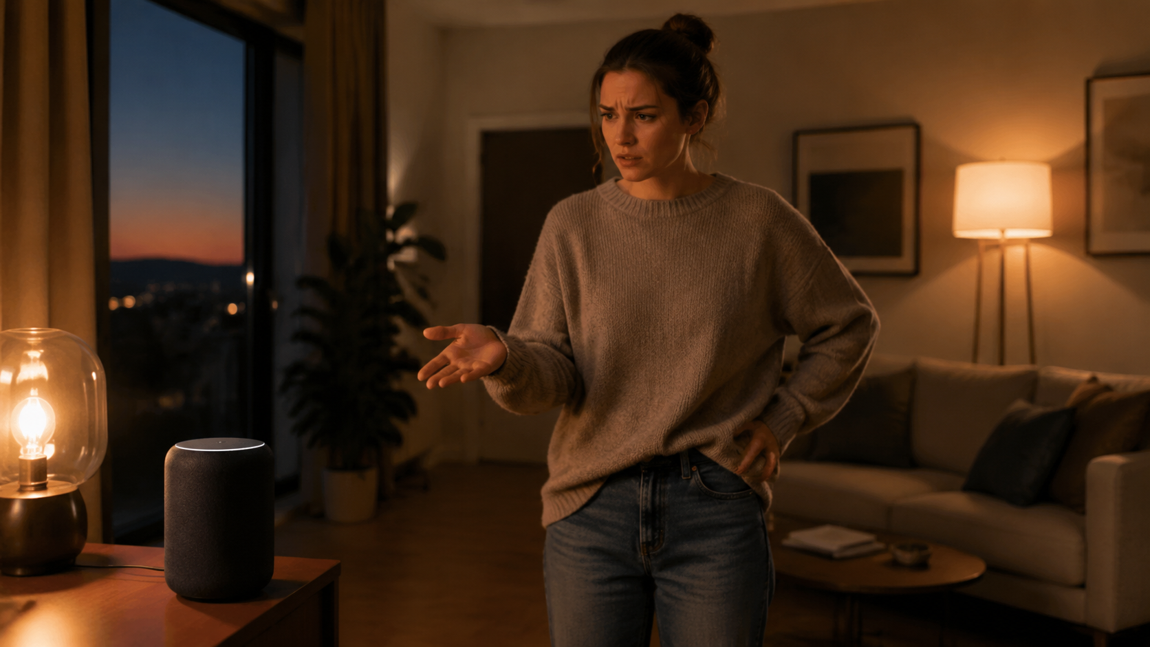 A person waiting for a smart speaker to respond in a modern living room