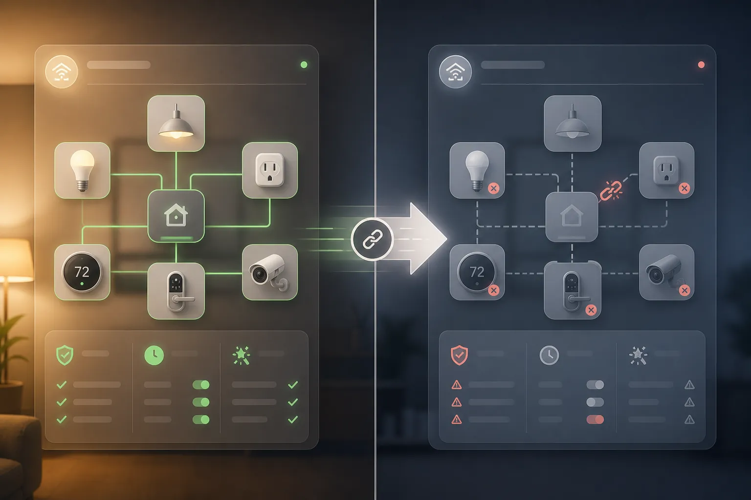 Split-screen smart home dashboard showing stable device connections on one side and broken links after migration on the other