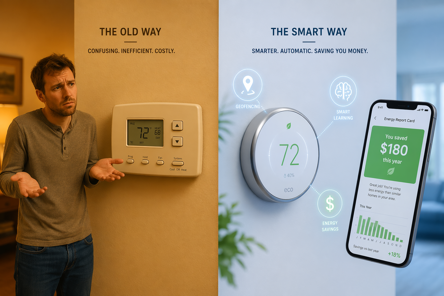 Split-screen image comparing a beige programmable thermostat with a confused person shrugging on the left, and a sleek smart thermostat with a smartphone showing a 'You saved $180 this year' energy report on the right.