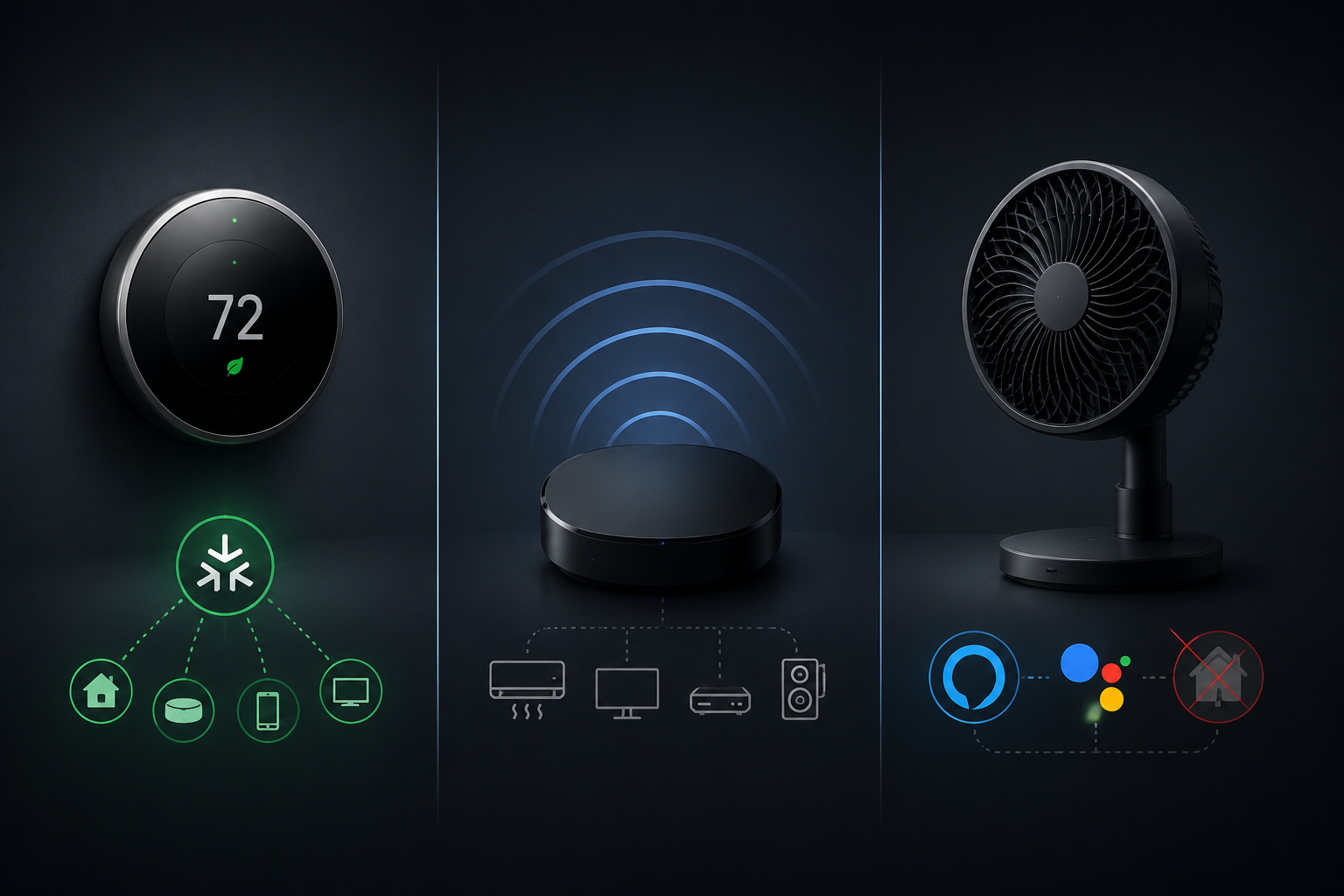 Three smart cooling device silhouettes showing a thermostat, an AC IR controller, and a smart fan with compatibility icons