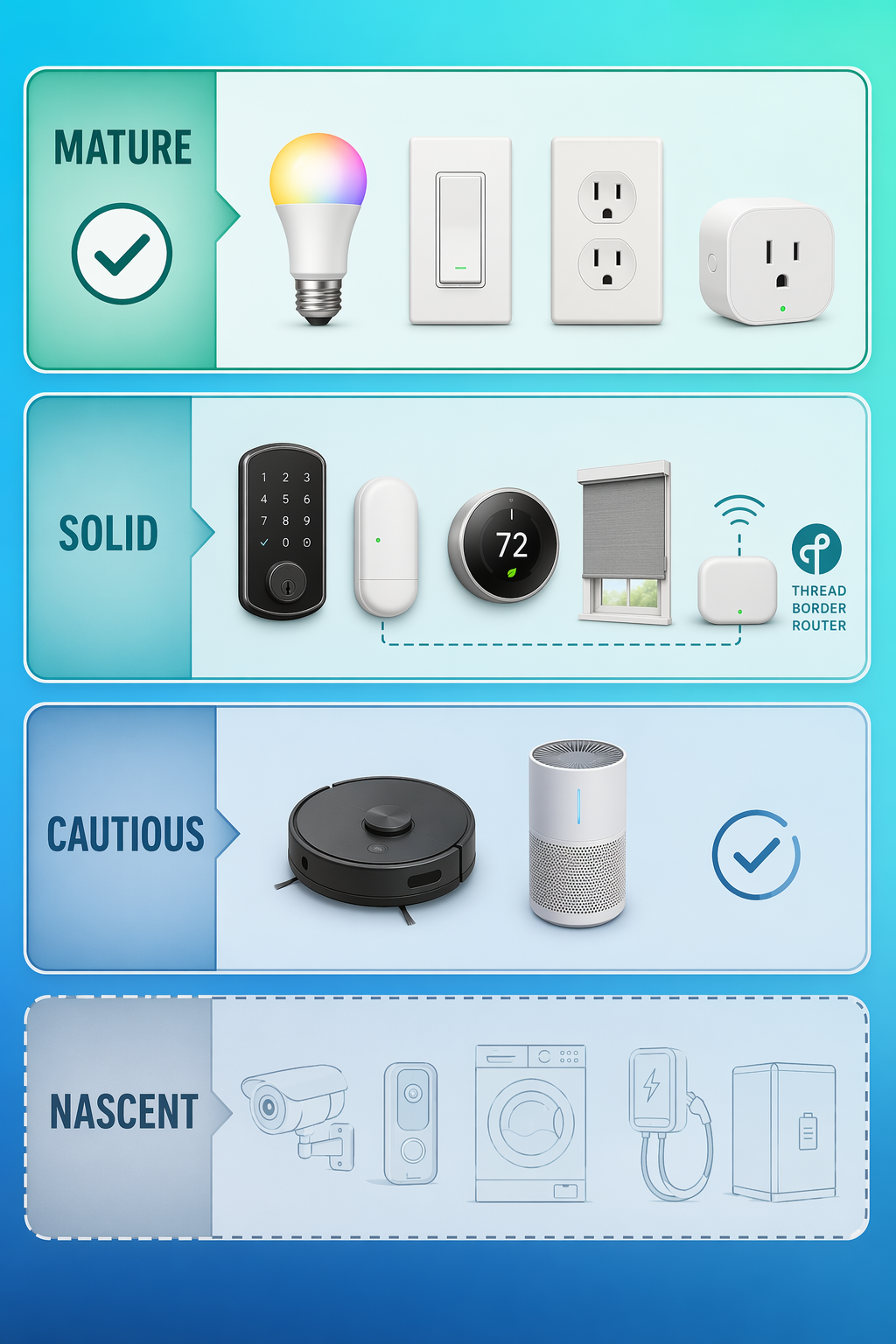Four-tier Matter device maturity framework showing mature lights and plugs, solid Thread devices, emerging vacuums and purifiers, and nascent cameras and appliances