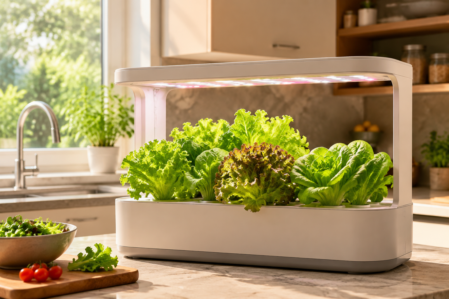 Smart indoor hydroponic garden with green lettuce growing under LED lights on a kitchen counter