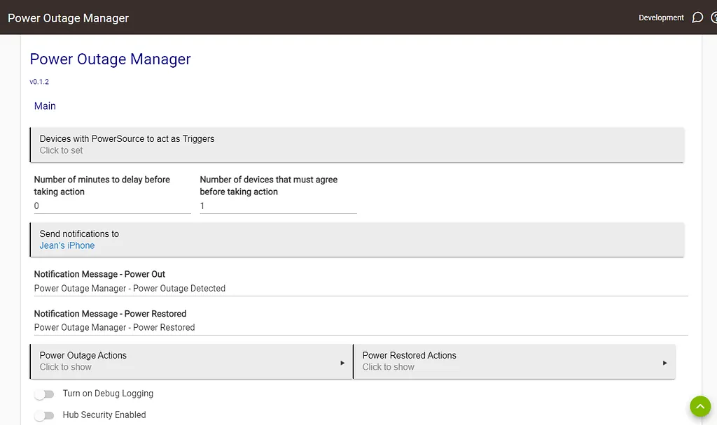 Hubitat Power Outage Manager app interface with selectable devices, delay settings, and staggered action queues