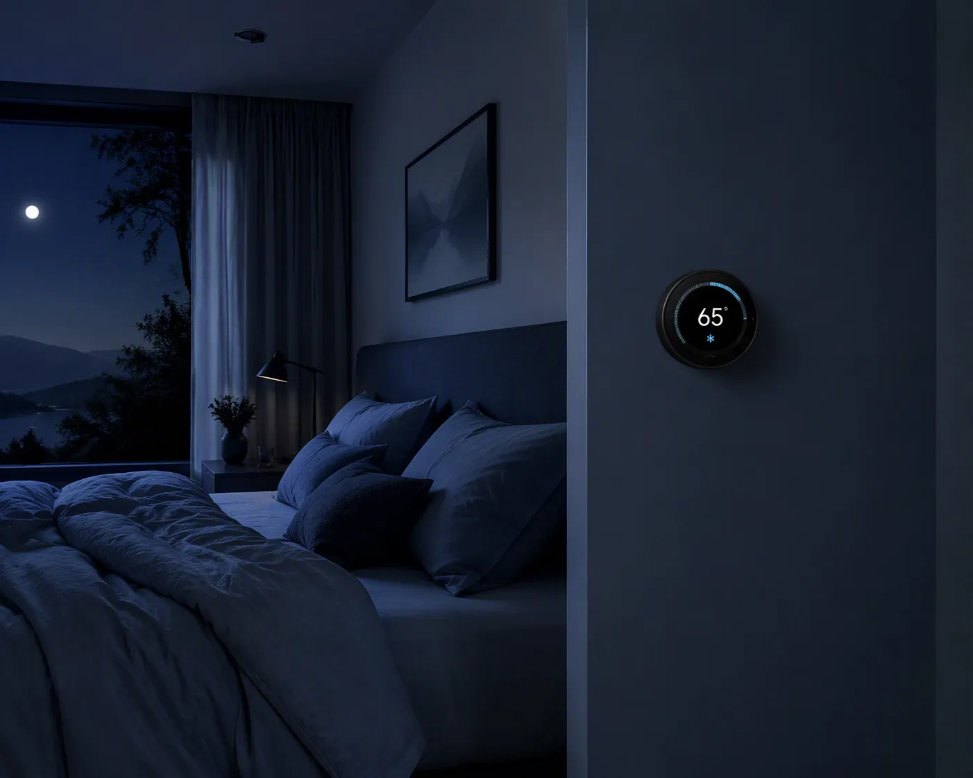 Cool moonlit bedroom with a smart thermostat showing about 65°F