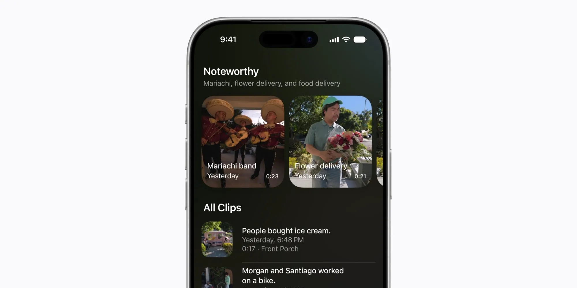 iOS 27 Home app camera footage search interface with video clip thumbnails