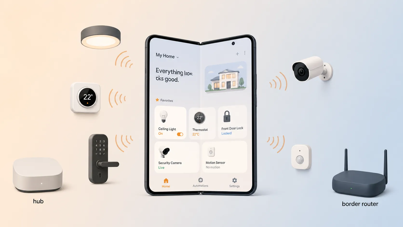 Open foldable phone controlling smart-home devices while separate hub and border router hardware sit outside the phone signal area