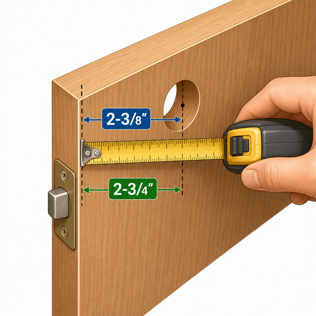 Close-up illustration of a door edge viewed from above with a yellow measuring tape running from the door edge center to the deadbolt bore hole, showing two measurement callout arrows labeled 2-3/8 inches and 2-3/4 inches.