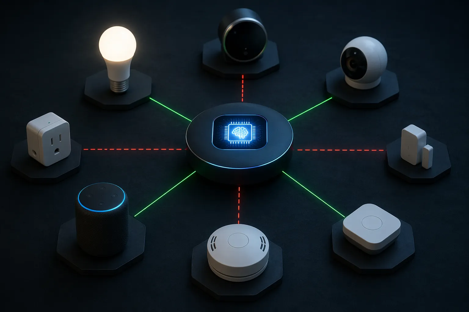 Smart home hub with AI chip symbol and mixed solid and broken device connections