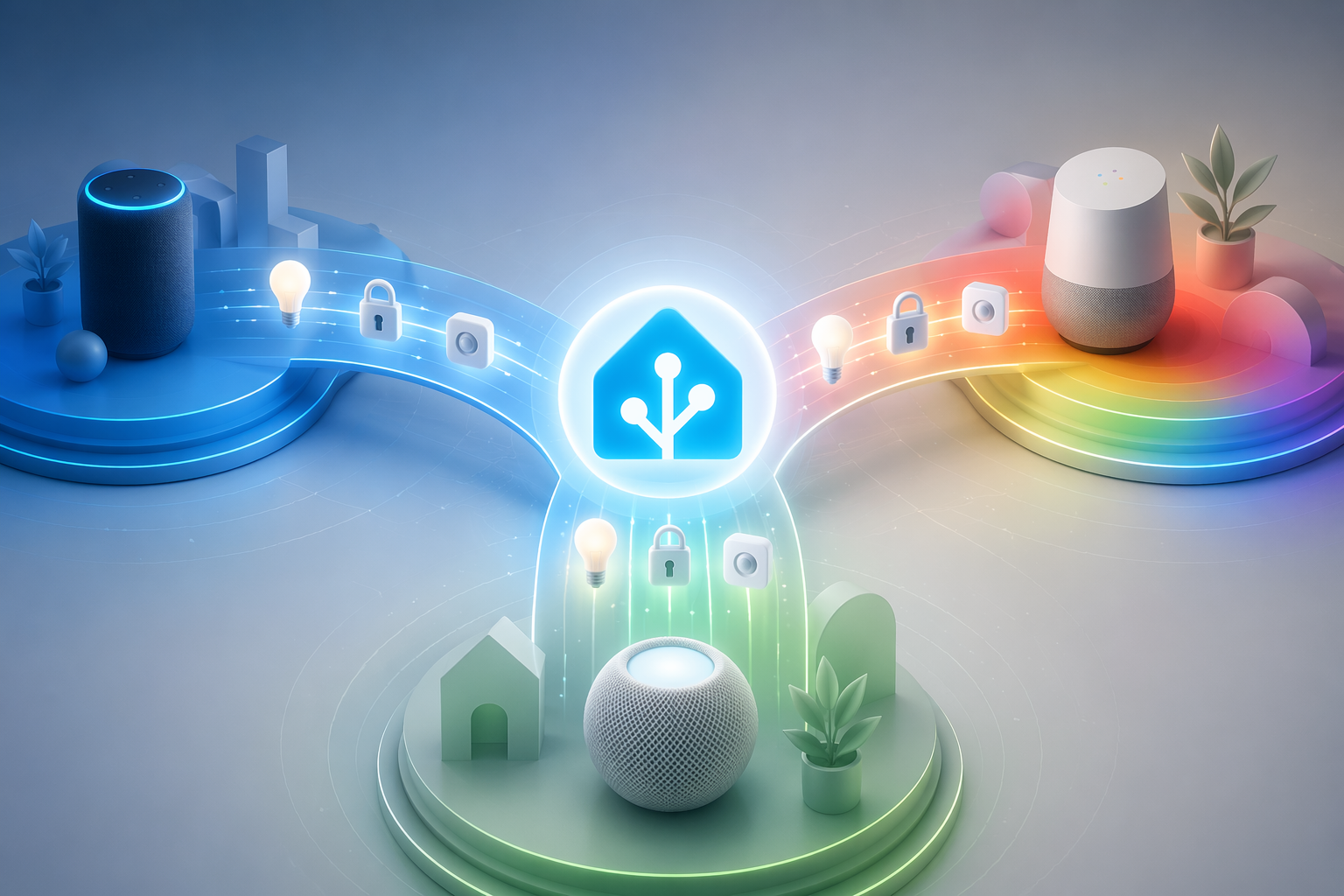 Home Assistant hub bridging Matter devices across Alexa, Google Home, and Apple HomeKit