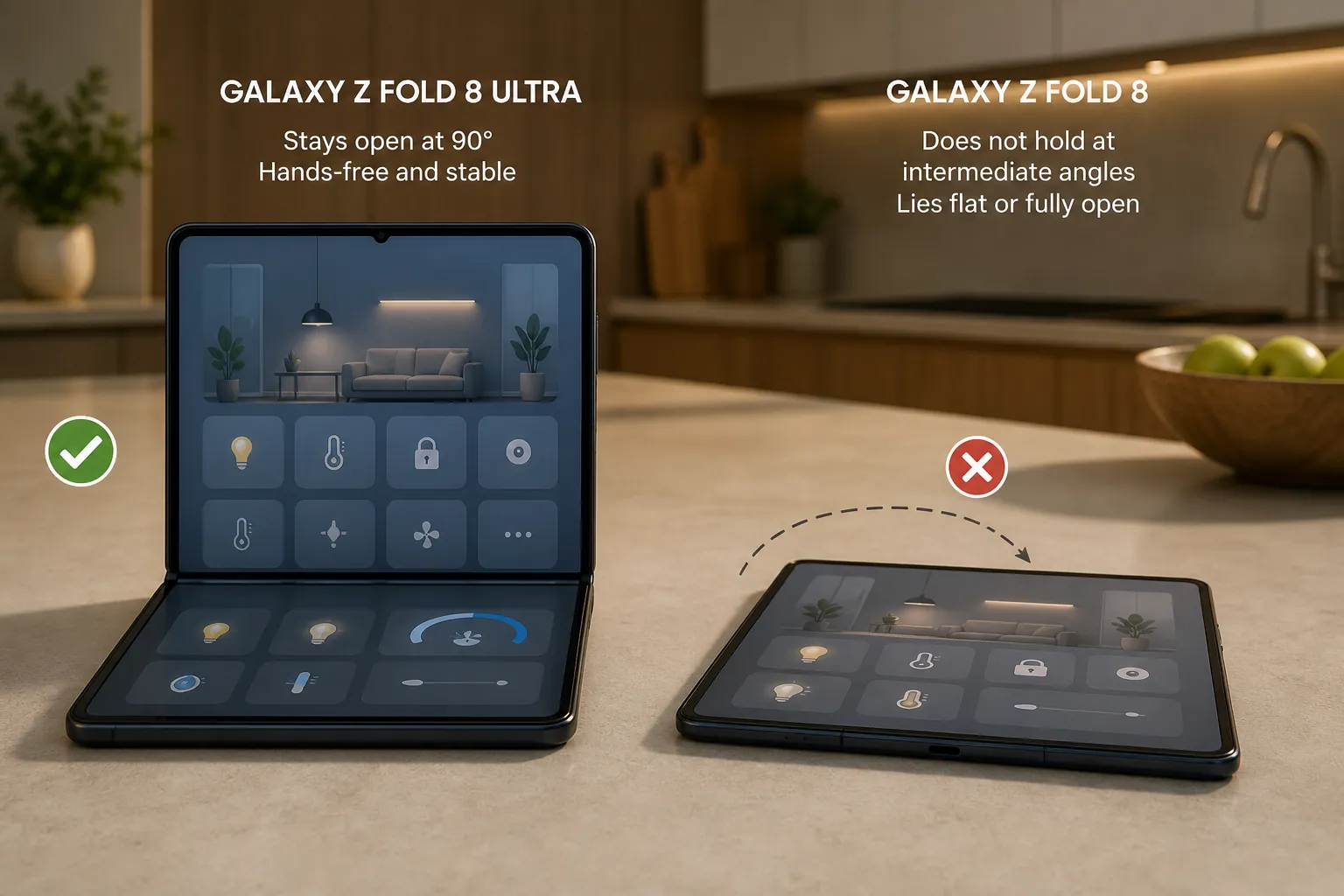 Side-by-side Samsung foldables showing the Z Fold 8 Ultra propped open while the Z Fold 8 lies flat