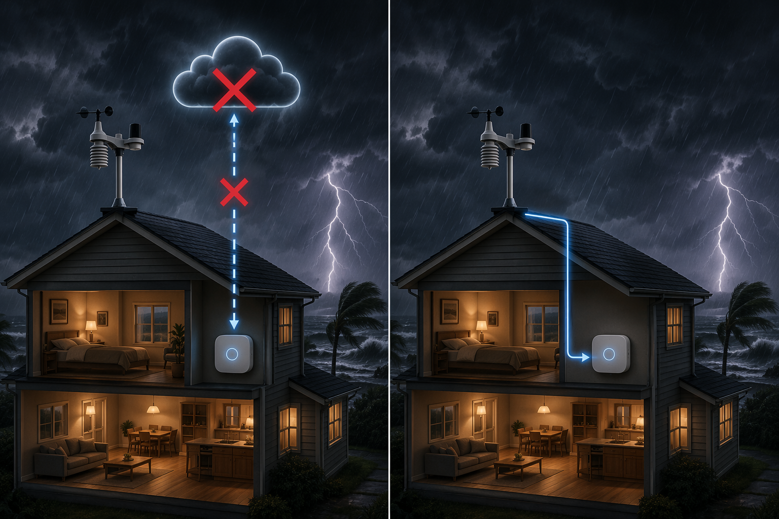 A split illustration showing cloud-dependent weather data breaking in a storm cloud on one side and a direct local connection to a smart home hub on the other.