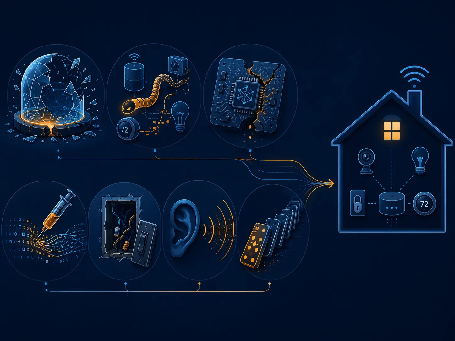 Seven smart home AI risk icons flowing toward a house silhouette