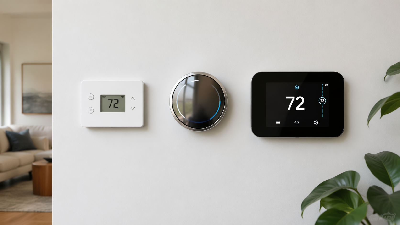 Three smart thermostats side by side showing simple rectangular, round mirrored, and larger touchscreen designs