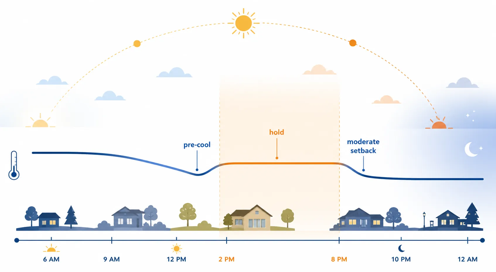 Daily thermostat timeline with pre-cool dip before a 2 to 8 pm peak window