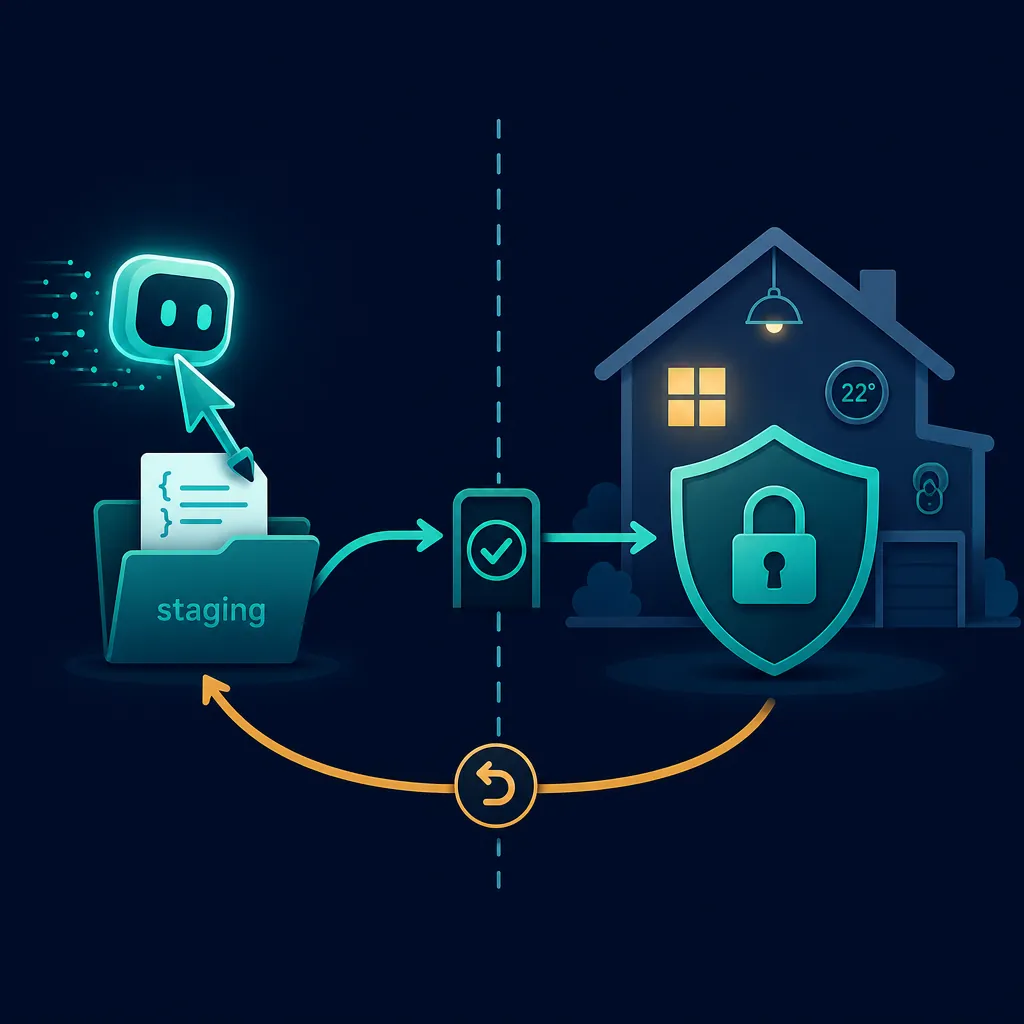Safety boundary showing an AI cursor writing to staging while the live smart home stays behind a checked gate and rollback arrow