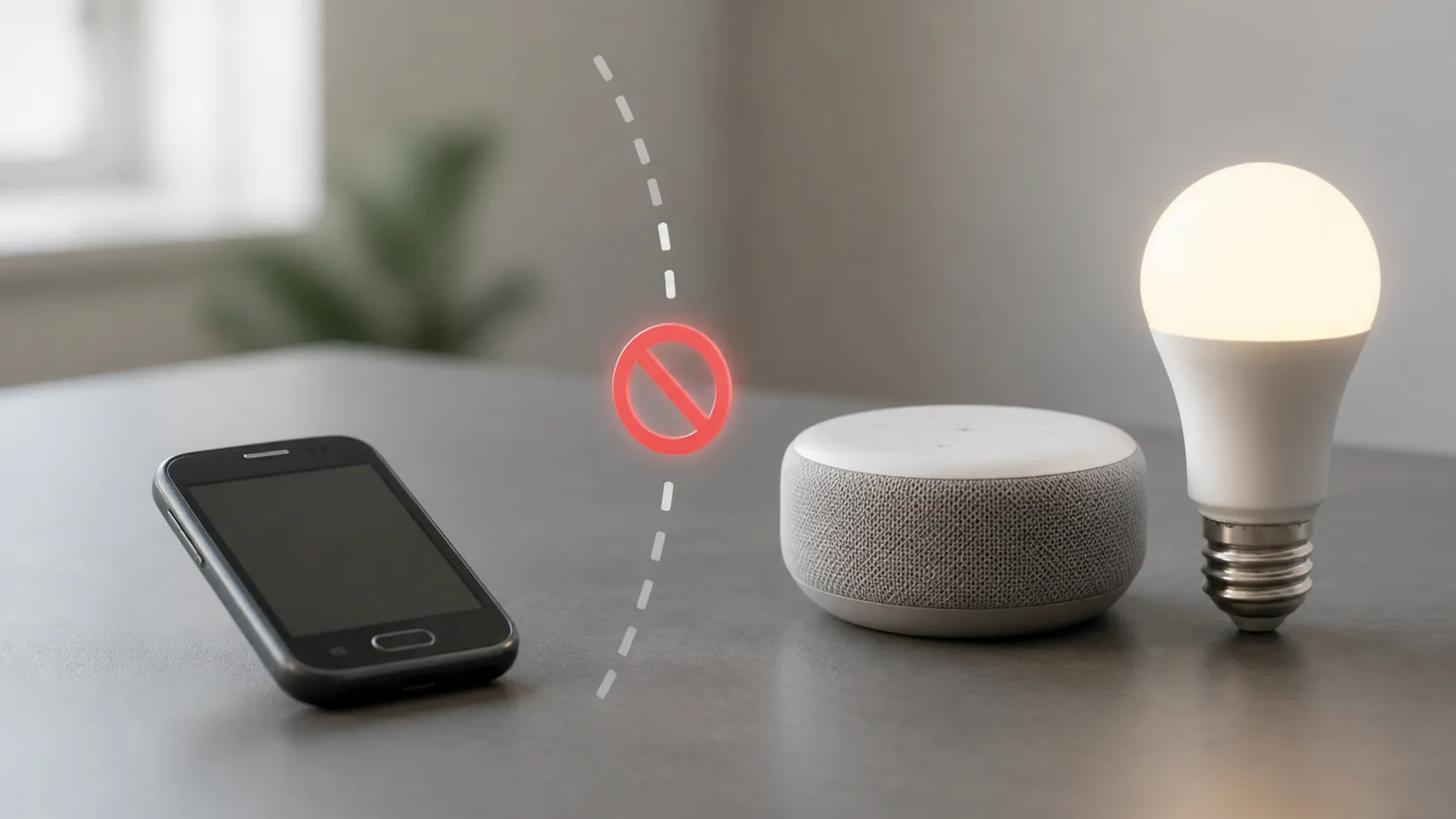 A dated budget smartphone separated from a smart speaker and glowing smart bulb by a no-entry symbol