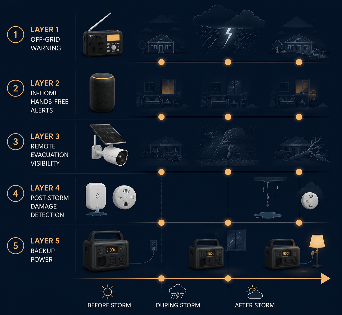Five-layer hurricane alert stack arranged along a storm timeline