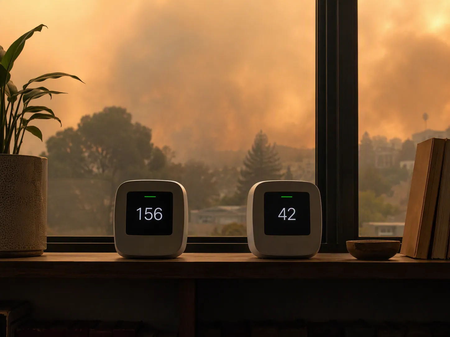 Two air quality monitors showing different readings with wildfire smoke visible outside a window