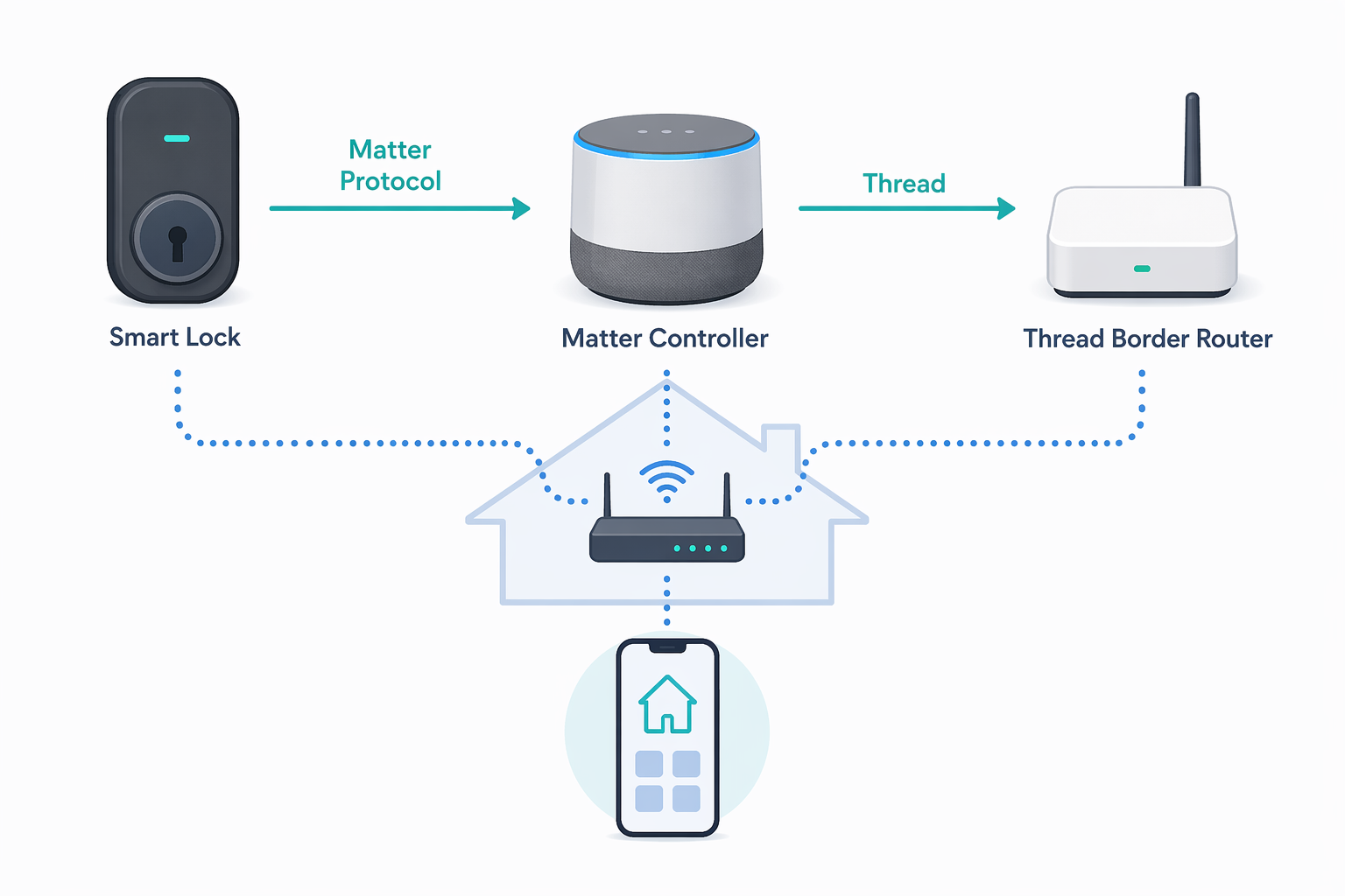 Diagram showing a smart lock, Matter controller, Thread border router, phone, and home network