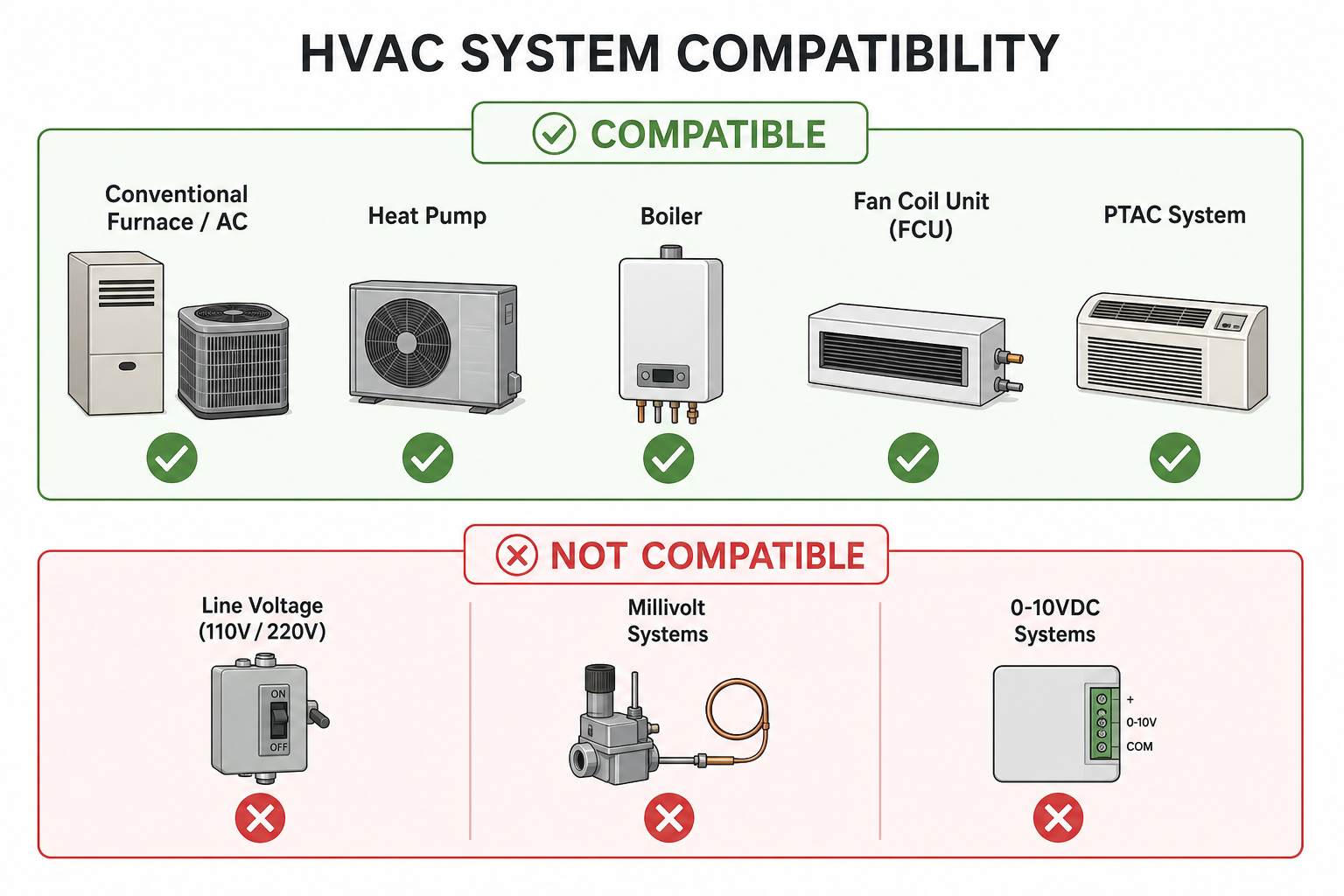 Two-zone diagram showing compatible HVAC system types with green checkmarks on the left and incompatible system types with red X indicators on the right.