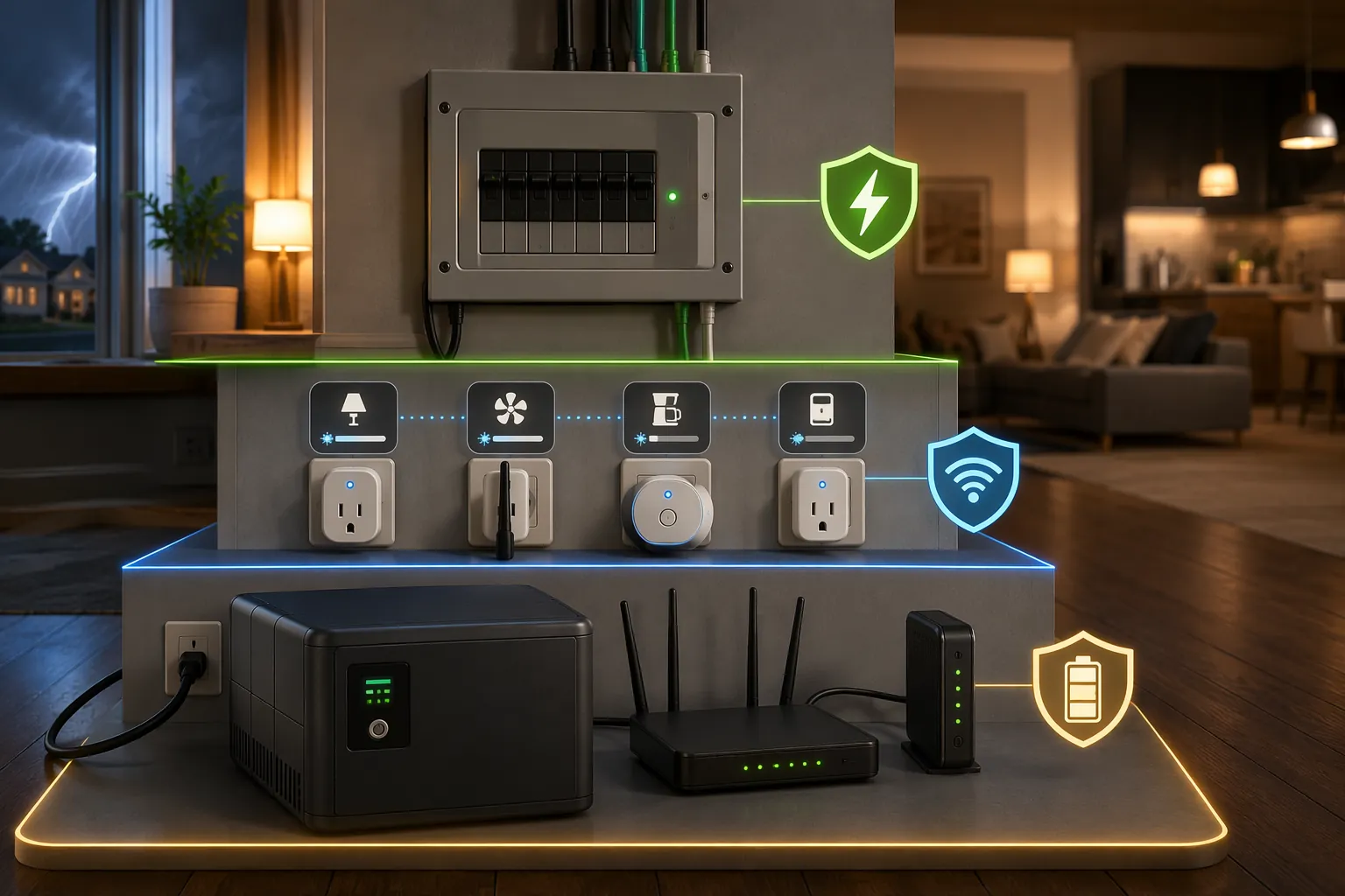 Layered smart home outage setup with UPS-backed network gear, configurable smart plugs, and whole-home surge protection