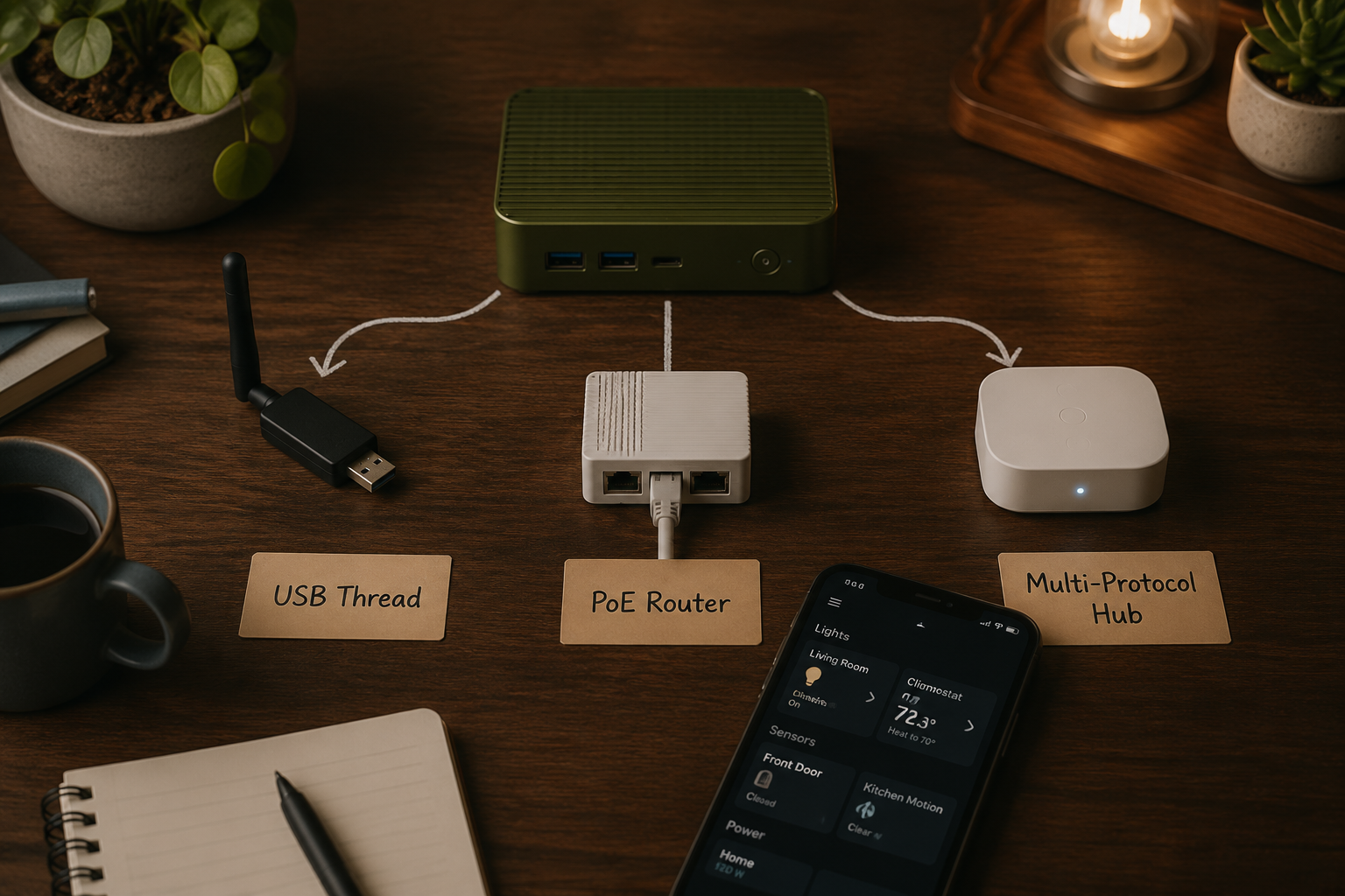 Home Assistant mini PC with USB Thread dongle, PoE router, and multi-protocol hub options on a desk
