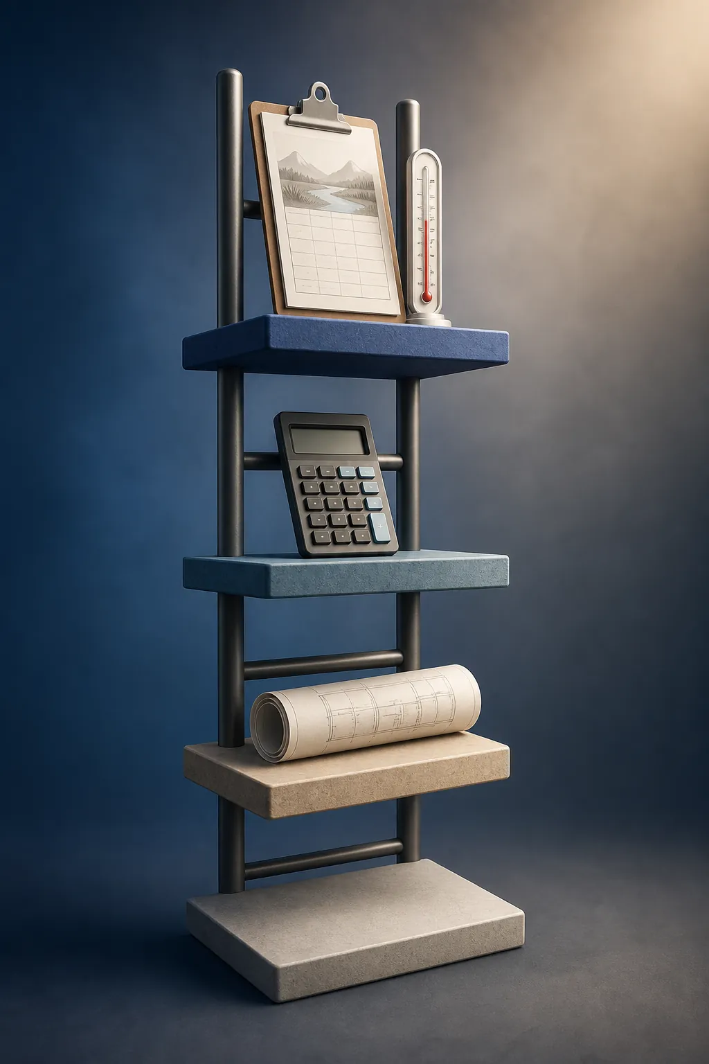 Evidence ladder with field-data documents near the top and design-stage calculation tools on lower steps