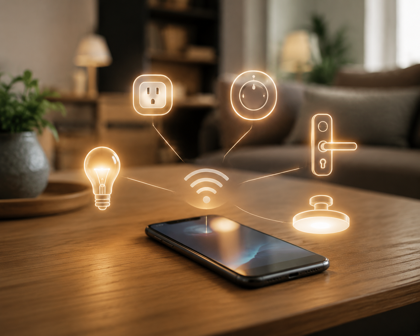 Smartphone on a coffee table connected wirelessly to lights, plugs, thermostat, lock, and ceiling light