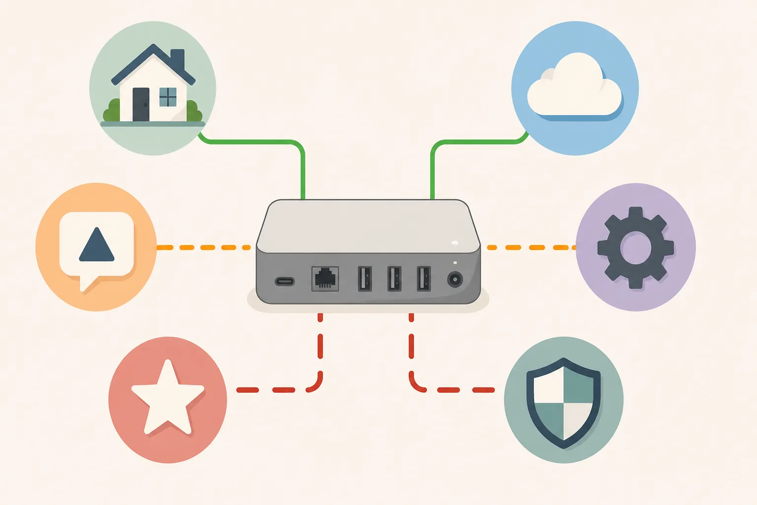 Central smart-home hub connected to different ecosystem icons with solid, dashed, and broken lines