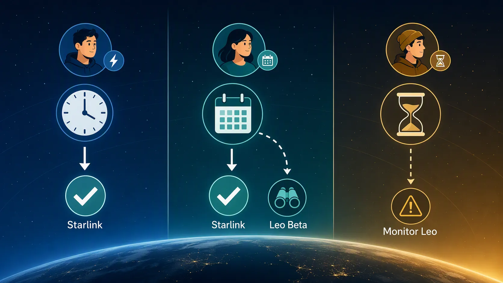 Three-panel satellite internet decision path for urgent buyers, this-year buyers, and households that can wait