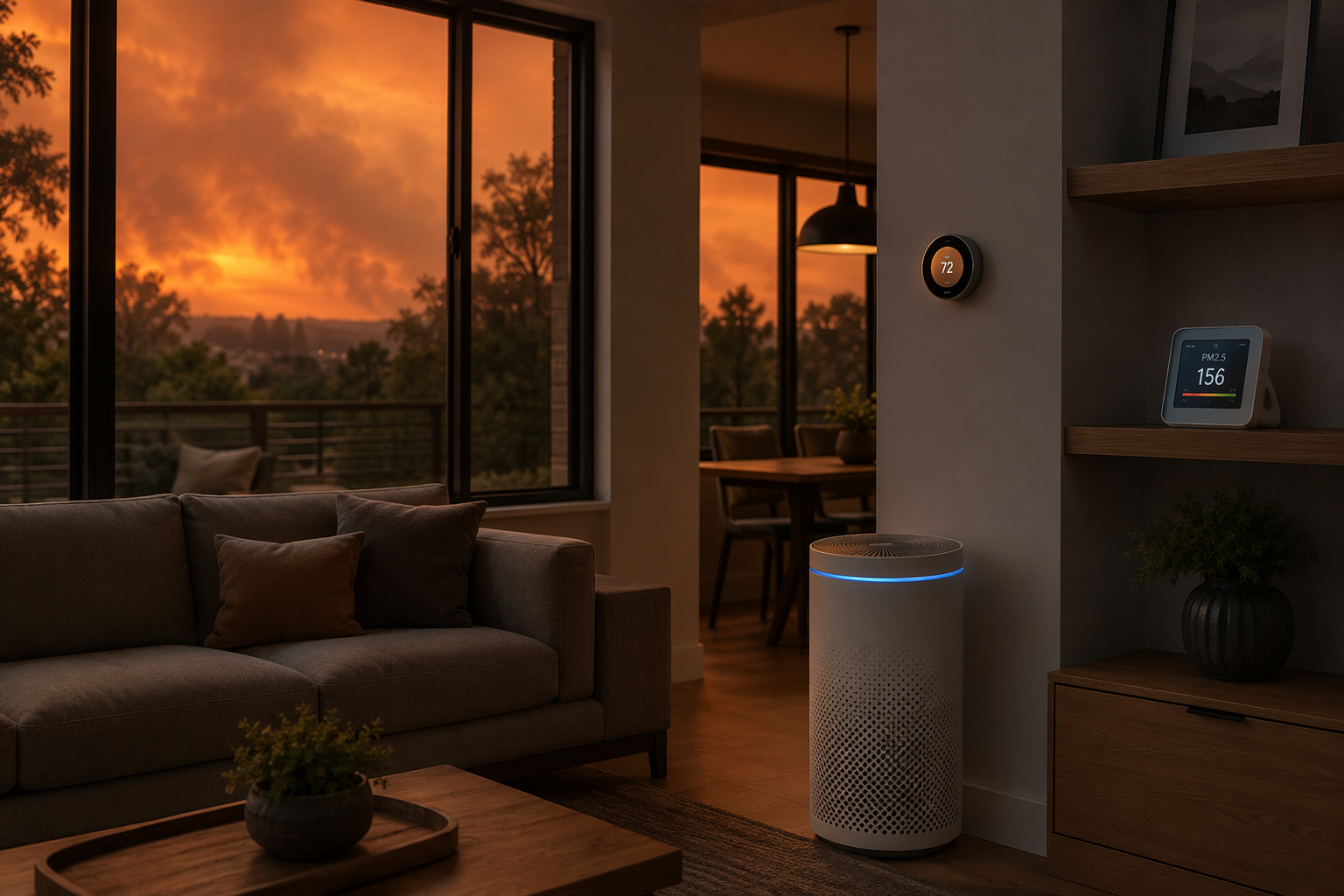 Modern living room during wildfire smoke with an air quality monitor, air purifier, and smart thermostat working together