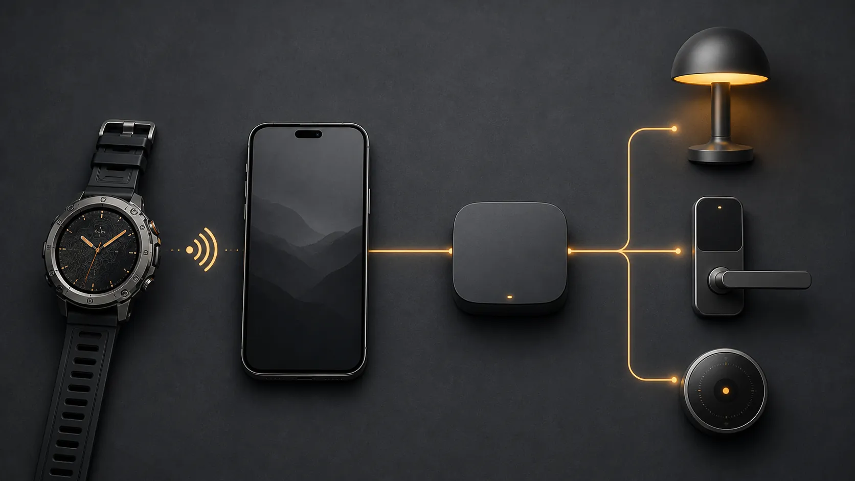 Rugged smartwatch linked to a phone, hub, lamp, door lock, and thermostat