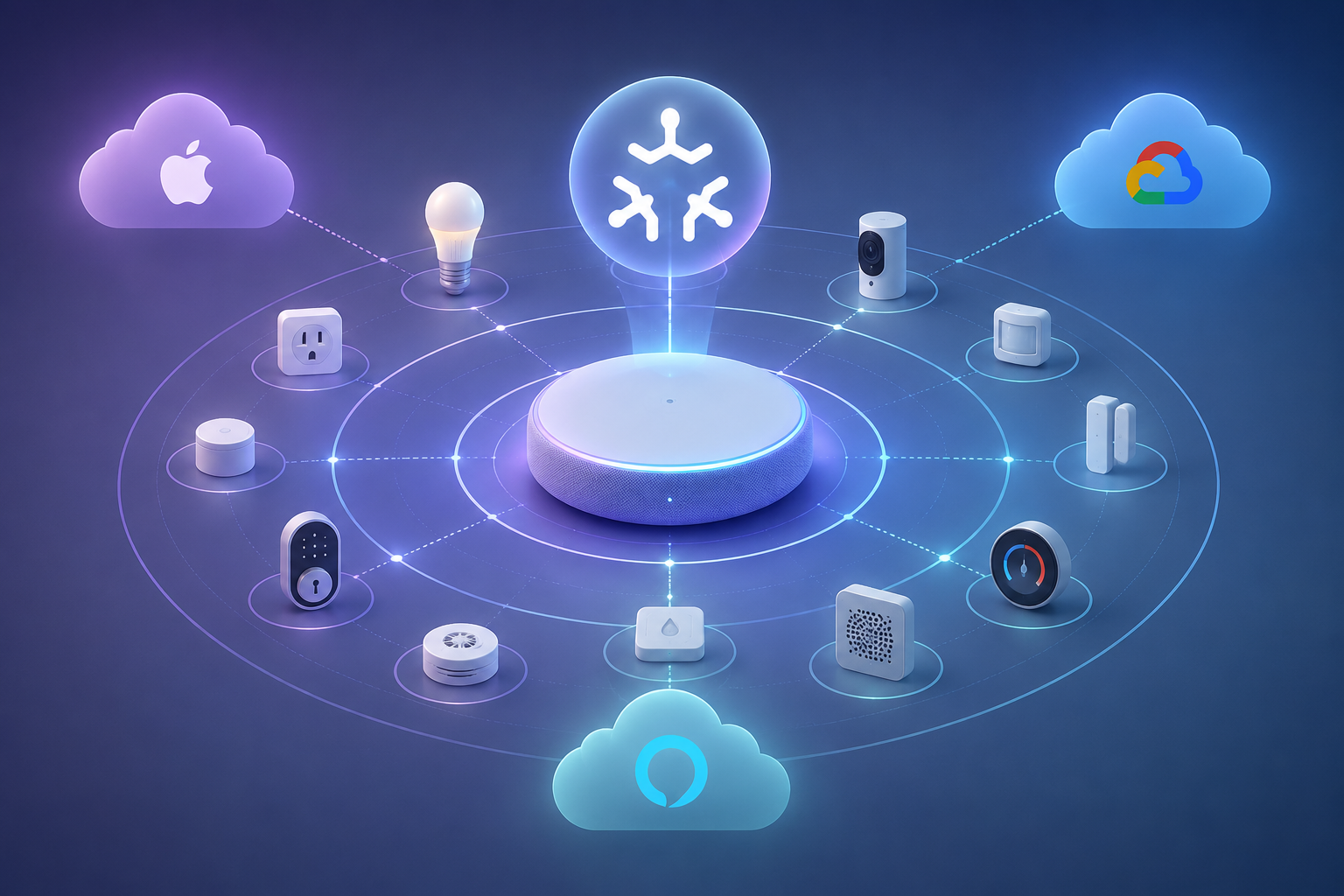 Central smart home hub connected to Matter devices and multiple ecosystems