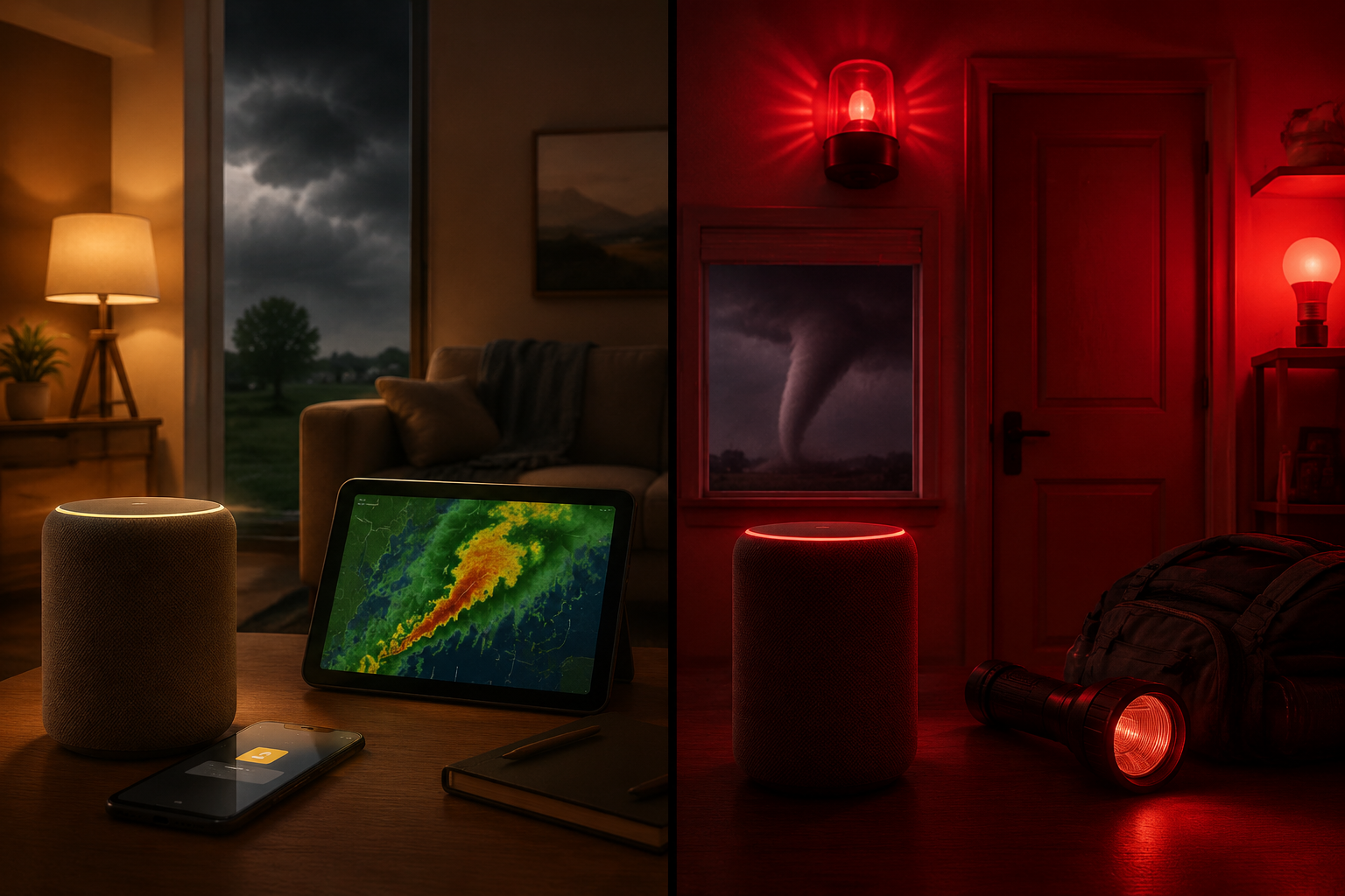 Split smart home scene showing a calm amber tornado watch response and an urgent red tornado warning response