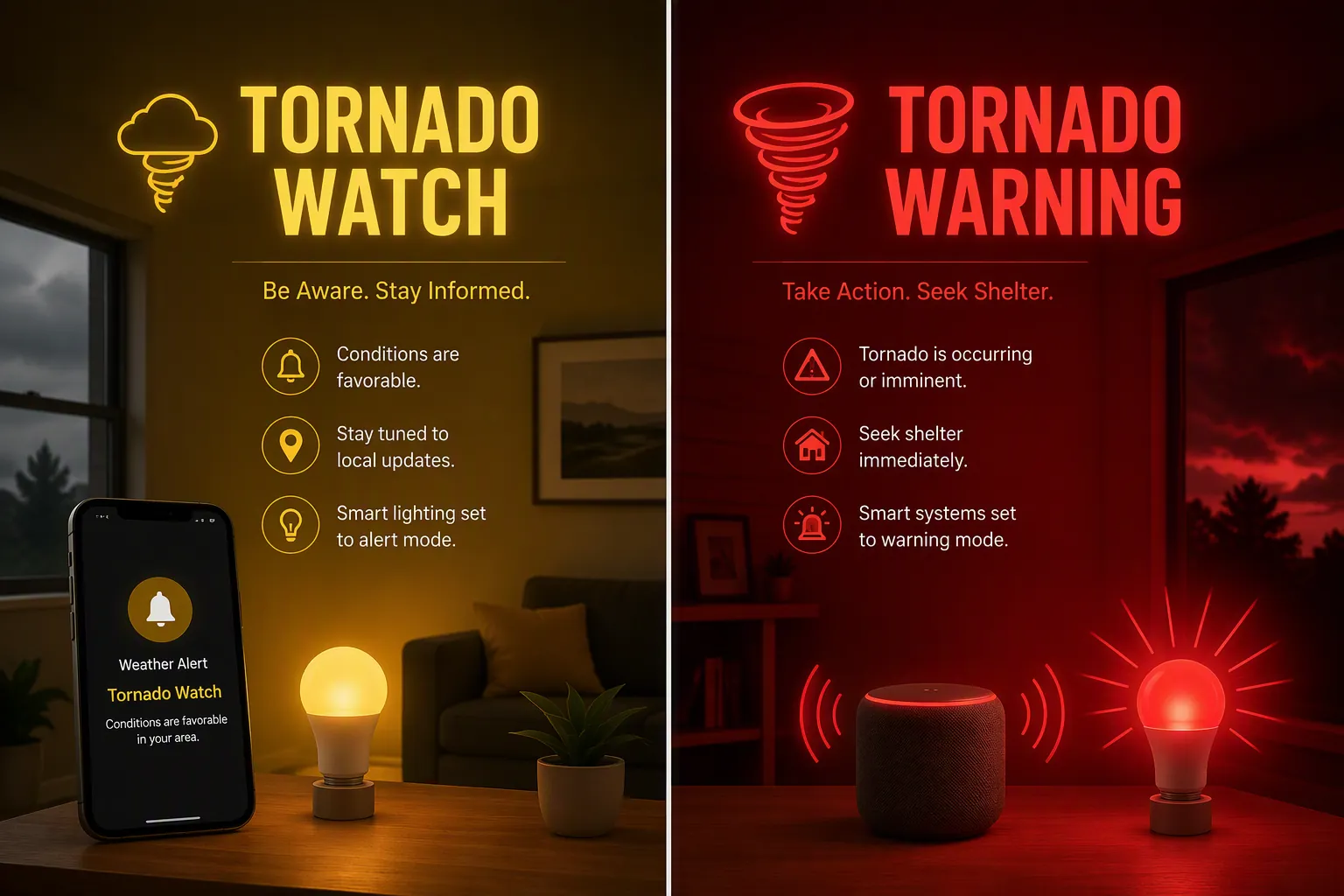 Split illustration showing a yellow tornado watch smart-home state beside a red tornado warning smart-home state