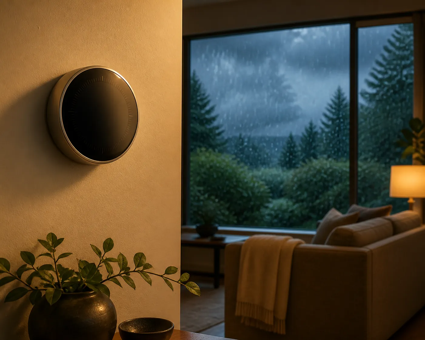 A smart thermostat in a warm room beside a rain-streaked window during a stormy winter