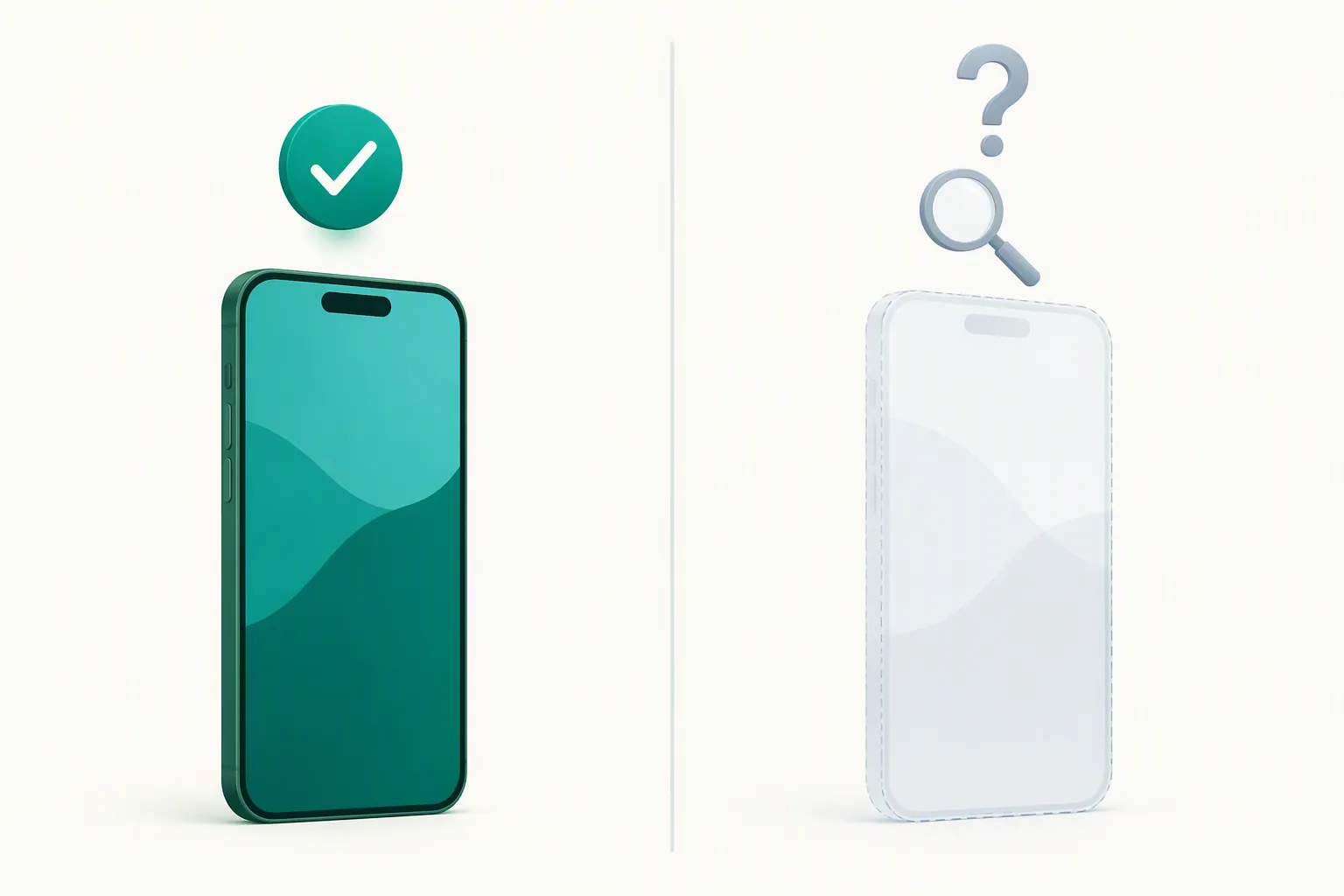 Verified modern phone beside a ghosted phone marked for investigation