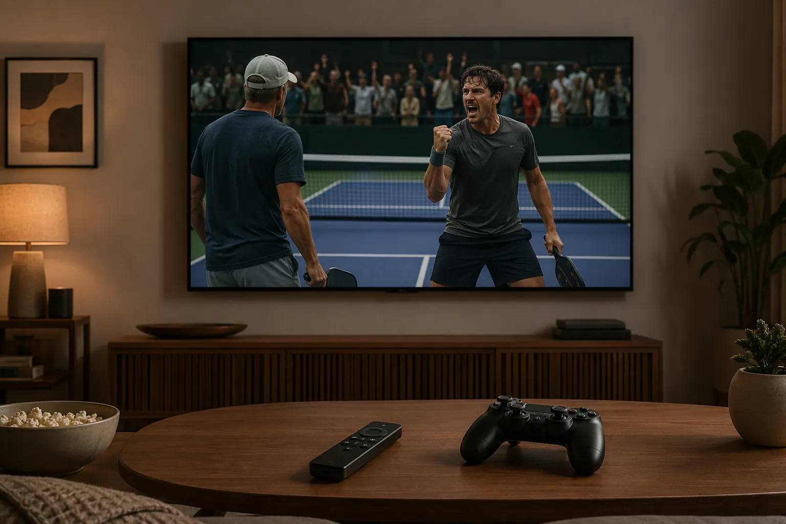 TV showing a pickleball movie scene with a streaming remote and game controller on the table