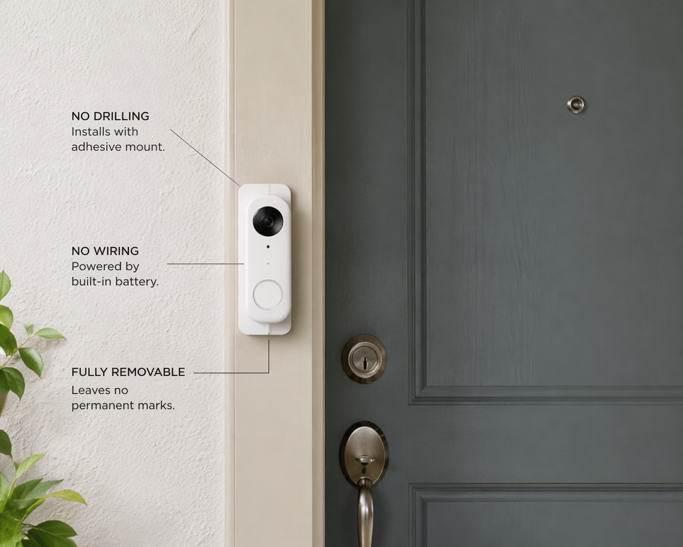 Battery-powered video doorbell mounted on a rental apartment door frame using a no-drill removable bracket