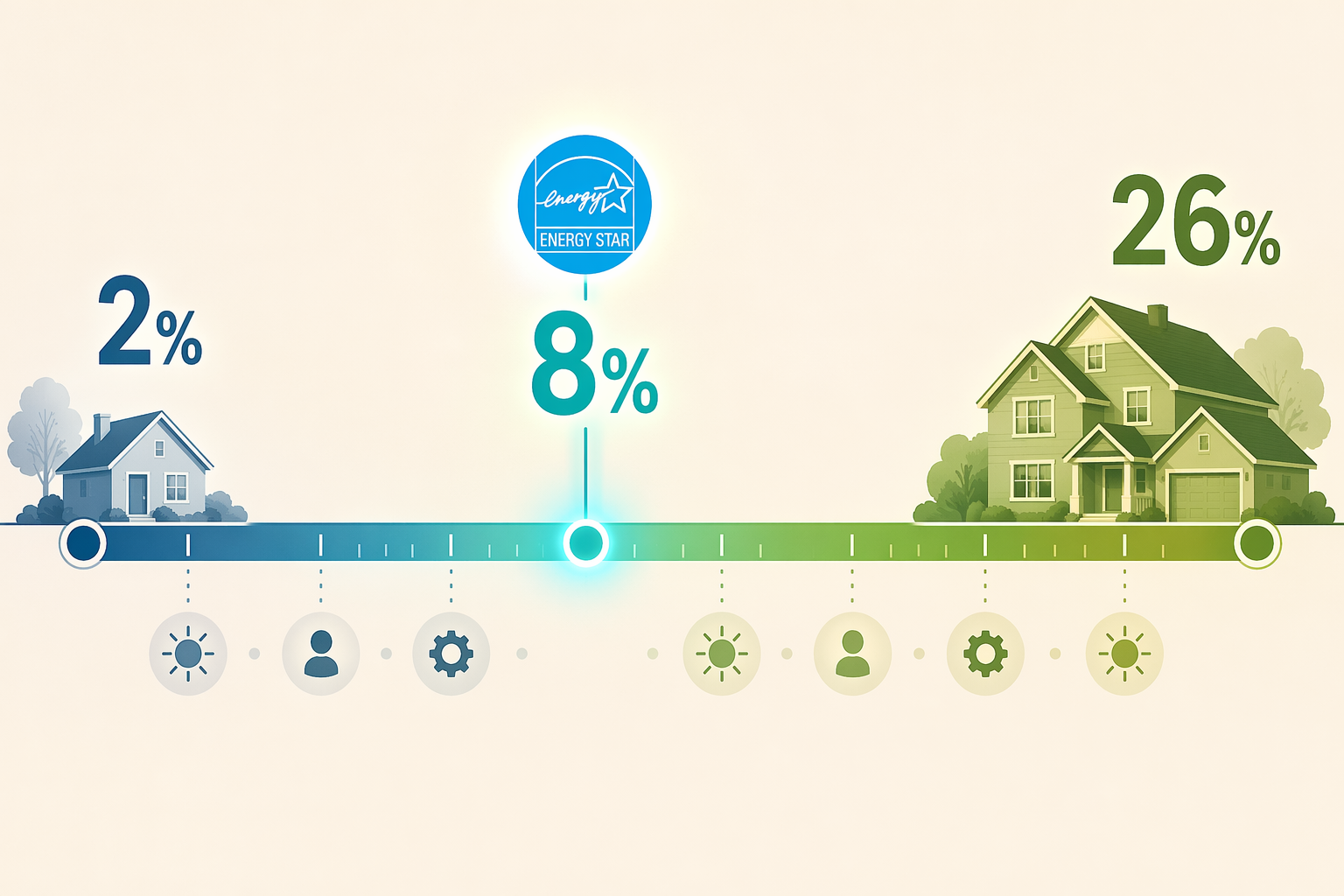 A horizontal gradient spectrum showing savings from 2% to 26% with a glowing 8% marker and icons for climate, occupancy, and HVAC type.