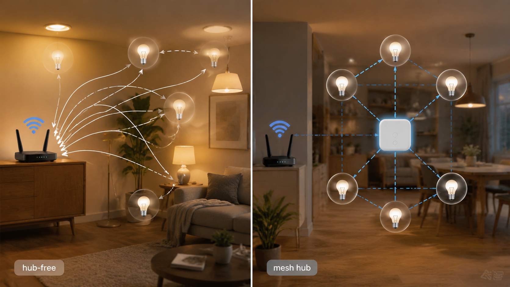 Hub-free smart bulbs connected to a router compared with mesh hub smart lighting