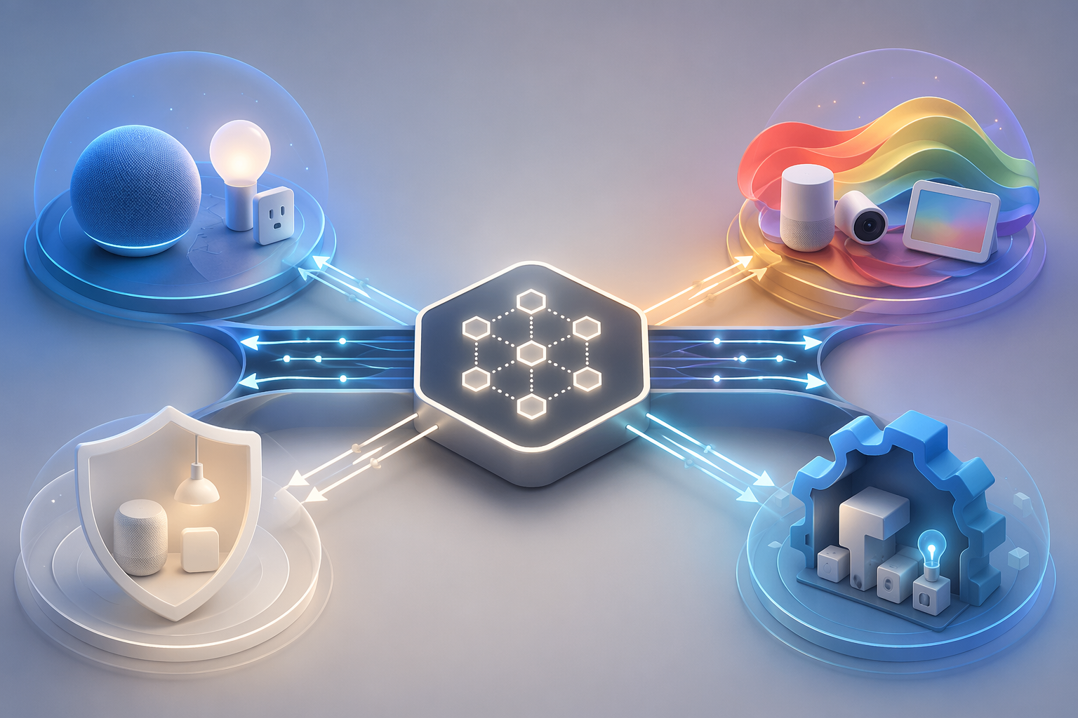 Matter bridge connecting Alexa, Google, Apple HomeKit, and Home Assistant ecosystem spheres