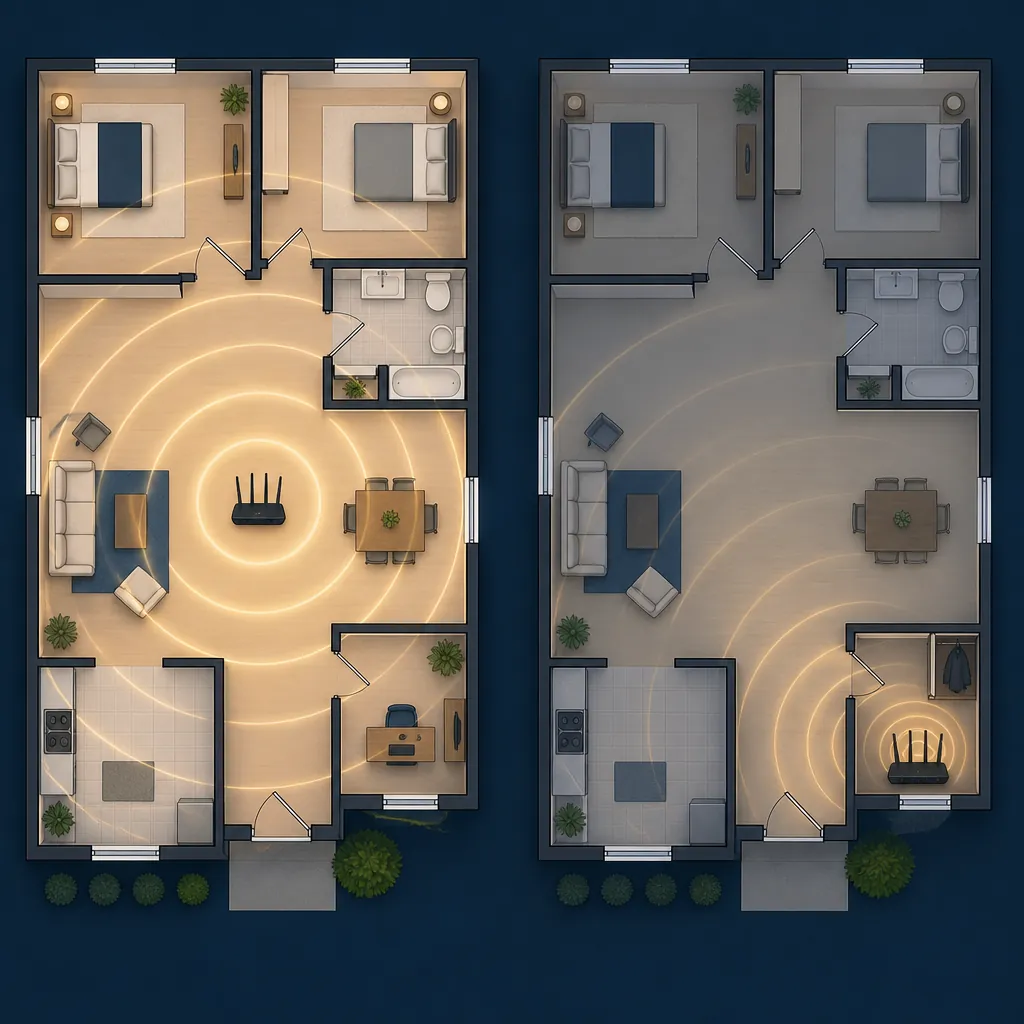 Floor plan comparing central router placement with a router tucked into a corner closet