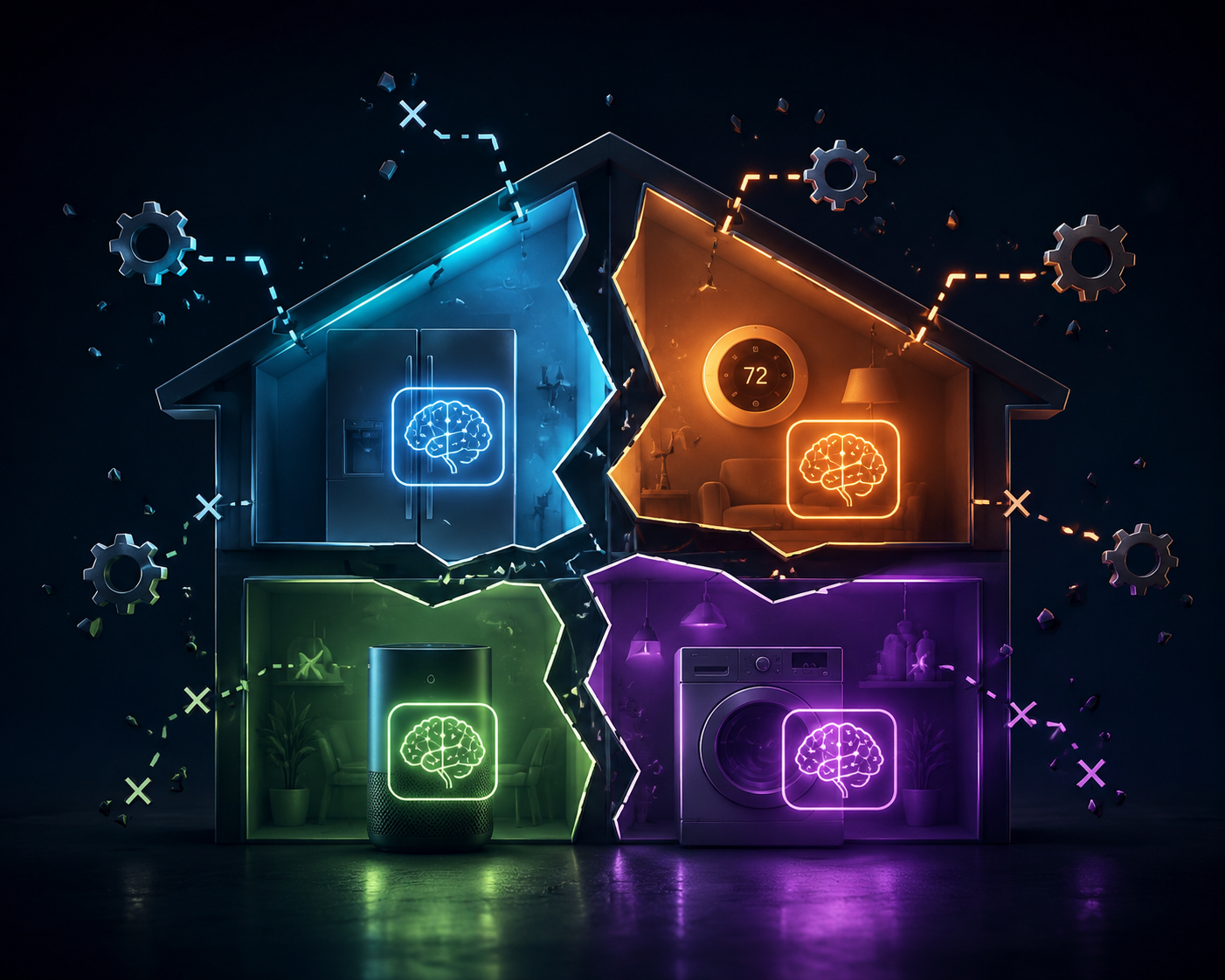 Stylized smart home divided into disconnected AI device zones