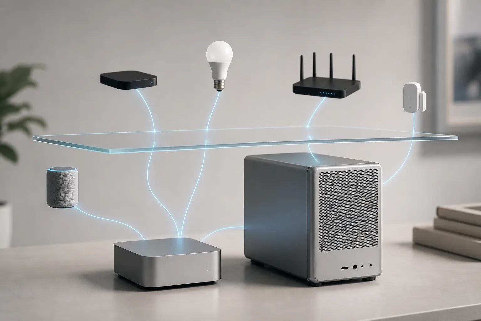 Small Mac mini and larger Mac Studio-style desktop connected to smart-home device icons